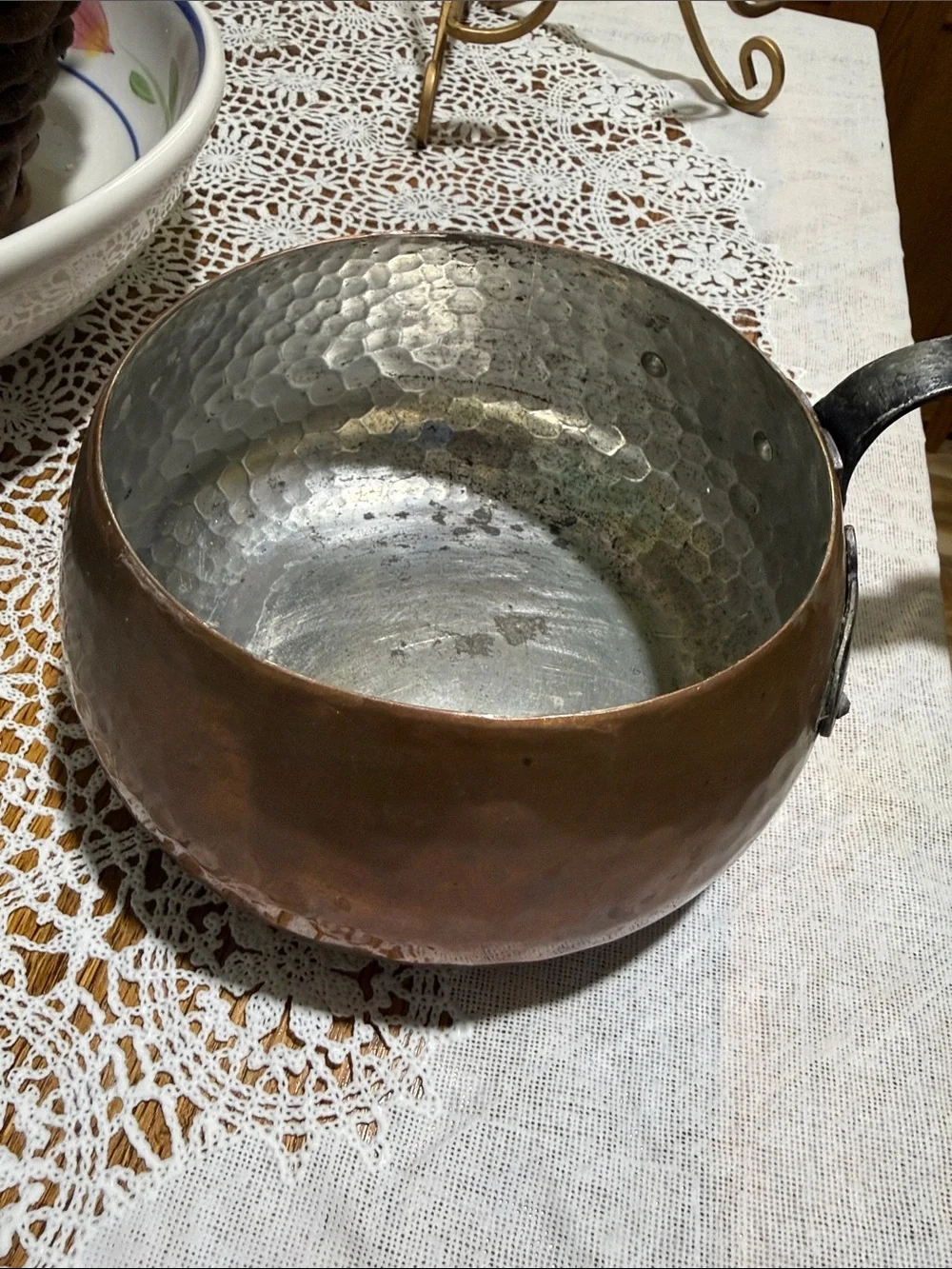 Vtg Hammered Copper Saucepan with Wooden Handle